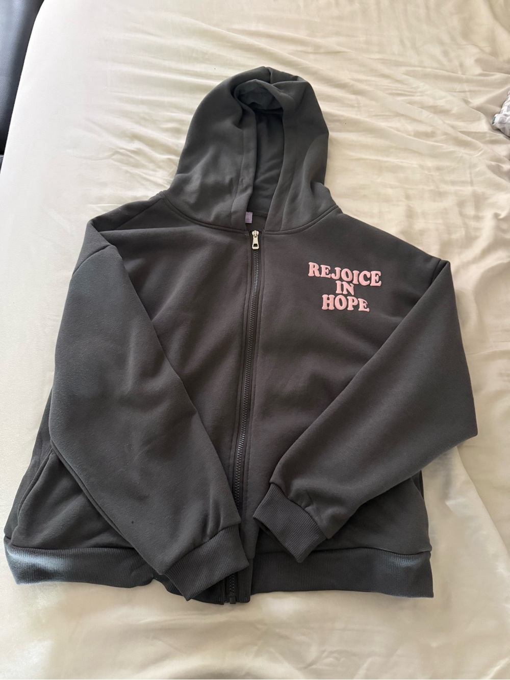 Kids Charcoal Zip-Up Hoodie with Pink 'Rejoice in Hope' Print